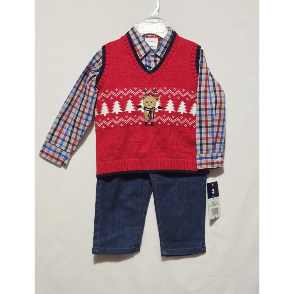 NWT IZOD Baby Boy 18M 3 Piece Christmas Outfit Red Reindeer Sweater Vest Pants